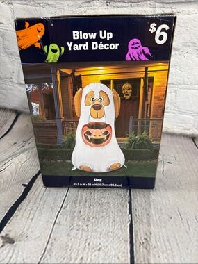 White Dog Halloween Inflatable Yard Décor - Ghost with Pumpkin